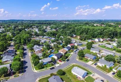 Aerial view of residential street in Baltimore County, MD