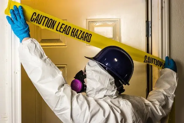 HAZMAT worker places caution tape over home with dangerous lead or asbestos