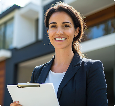 Real estate agent staring into the camera, Smiling.
