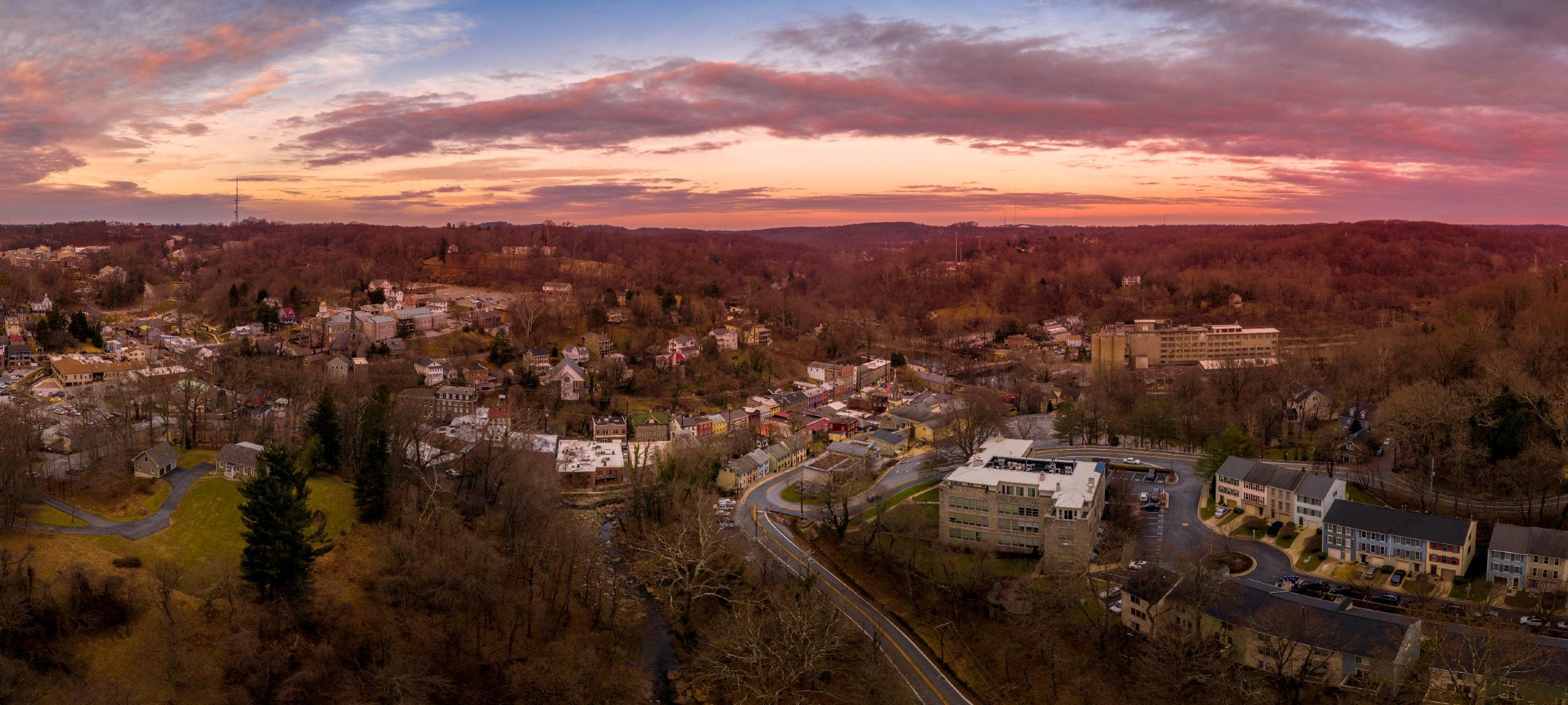 Aerial view of historic Ellicott City during sunset
