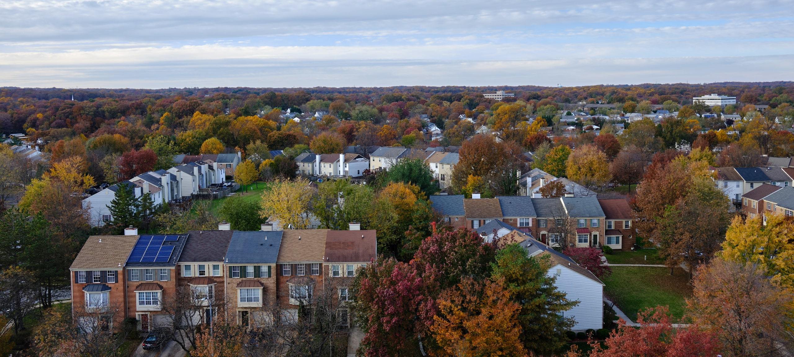 Aerial view of Laurel, Maryland homes during autumn