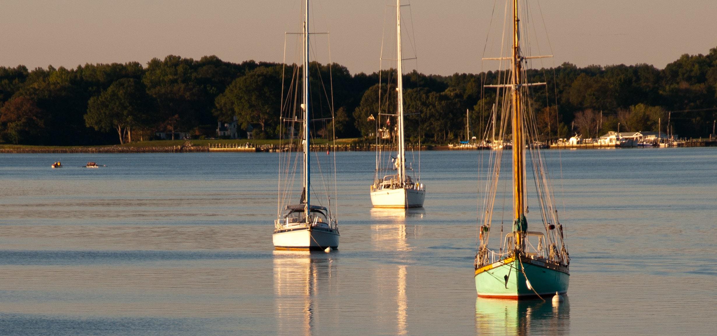 Boats at sunset on Chester River near Queenstown, MD
