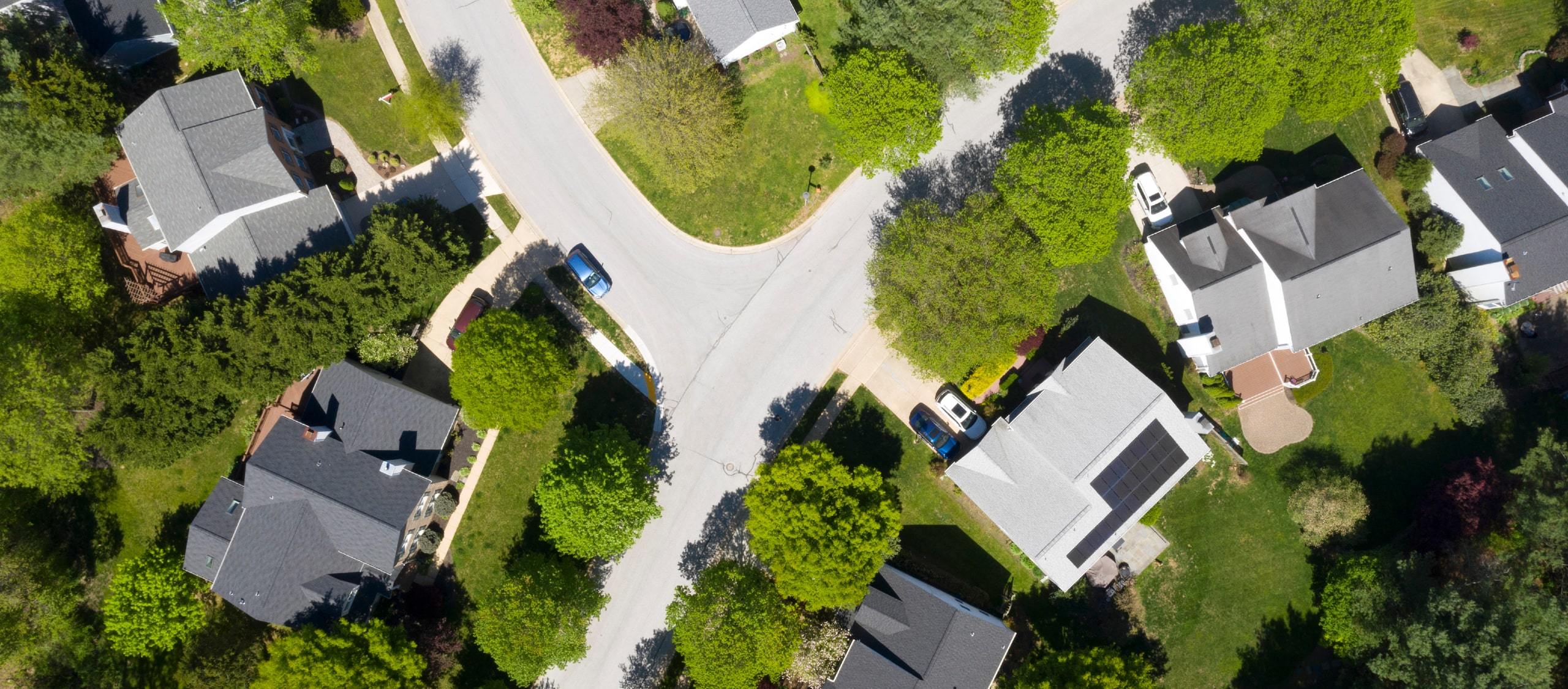 Residential streets, aerial view, in Maryland neighborhood